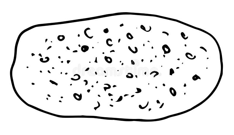 Pojedynczy wektor, owalny bochenek elementu chleba z kropką na czarnym górnym obrysie narysowanym ręcznie w stylu doodle. Czarny bochenek z kropkami w stylu vintage na białym tle wektor izolowany owalny bochenek elementu chleba w kształcie owalnym z kropką na czarnym górnym konturie narysowanym ręcznie w stylu doodle widok na wierzch na białym tle na etykietę i opakowanie z menu szablonów piekarniczych
