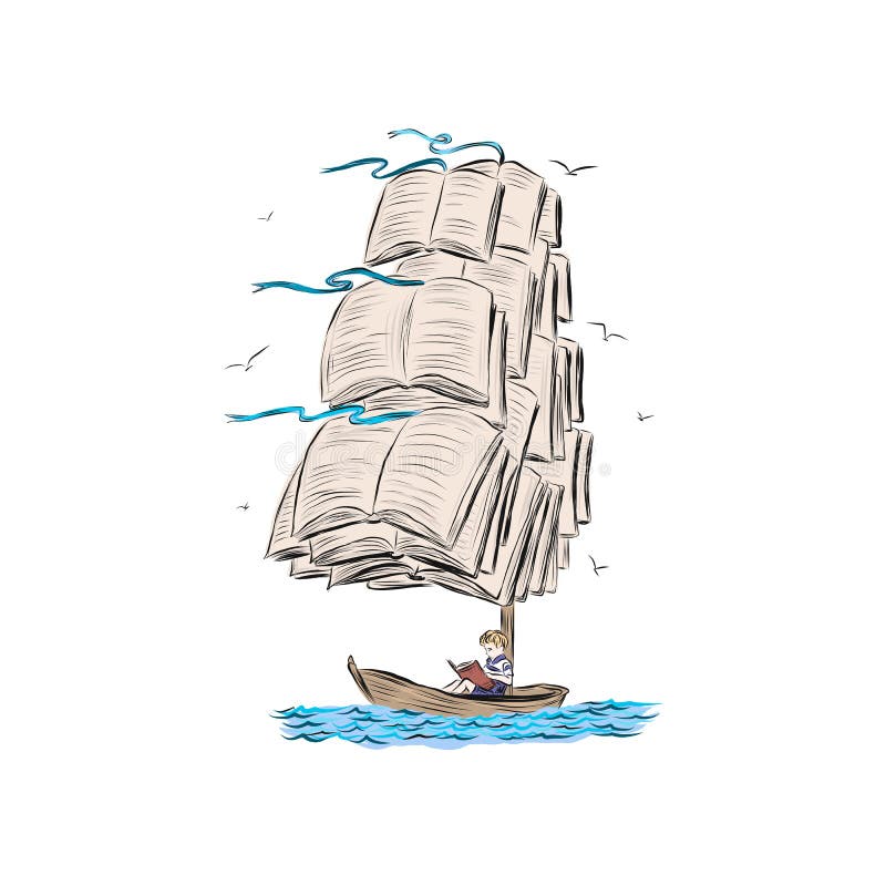Pojkar sjöman läser bok som sitter på fartyg. vektor illustrationer