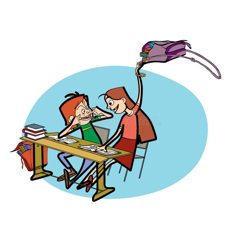 Pojke och flicka i skolaofog stock illustrationer