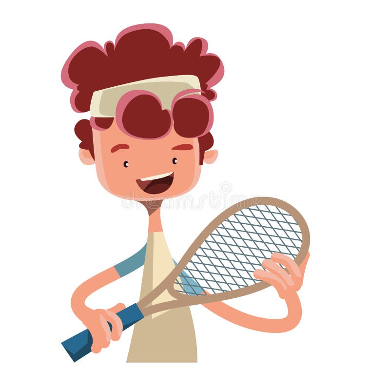Pojke som spelar tennis med teckenet för racketillustrationtecknad film stock illustrationer Pojke som spelar tennis med teckenet för racketillustrationtecknad film stock illustrationer