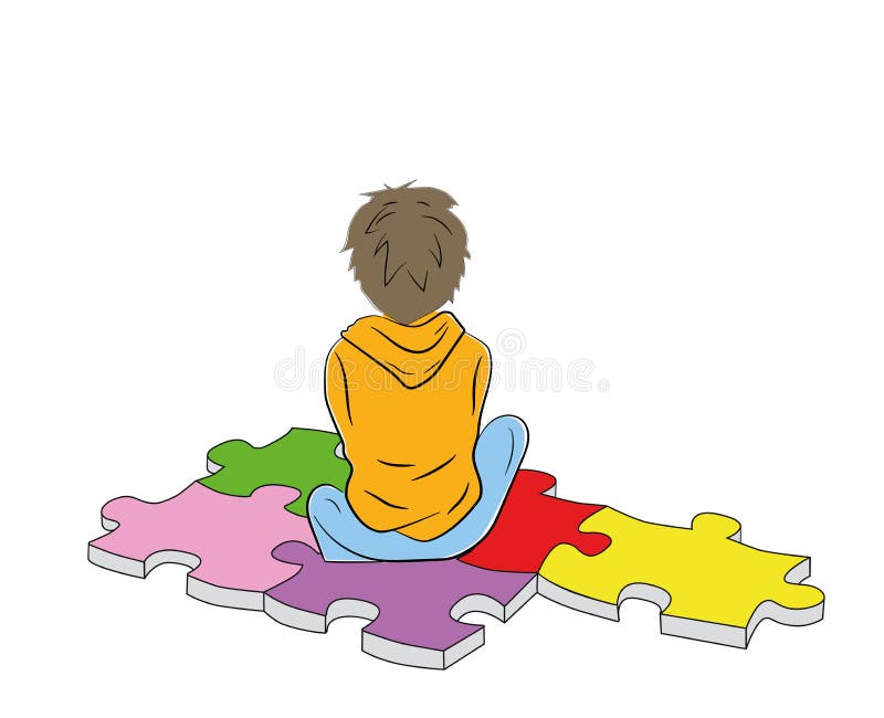 Pojken sitter på pusselsymbolet av autism också vektor för coreldrawillustration royaltyfri illustrationer Pojken sitter på pusselsymbolet av autism också vektor för coreldrawillustration royaltyfri illustrationer