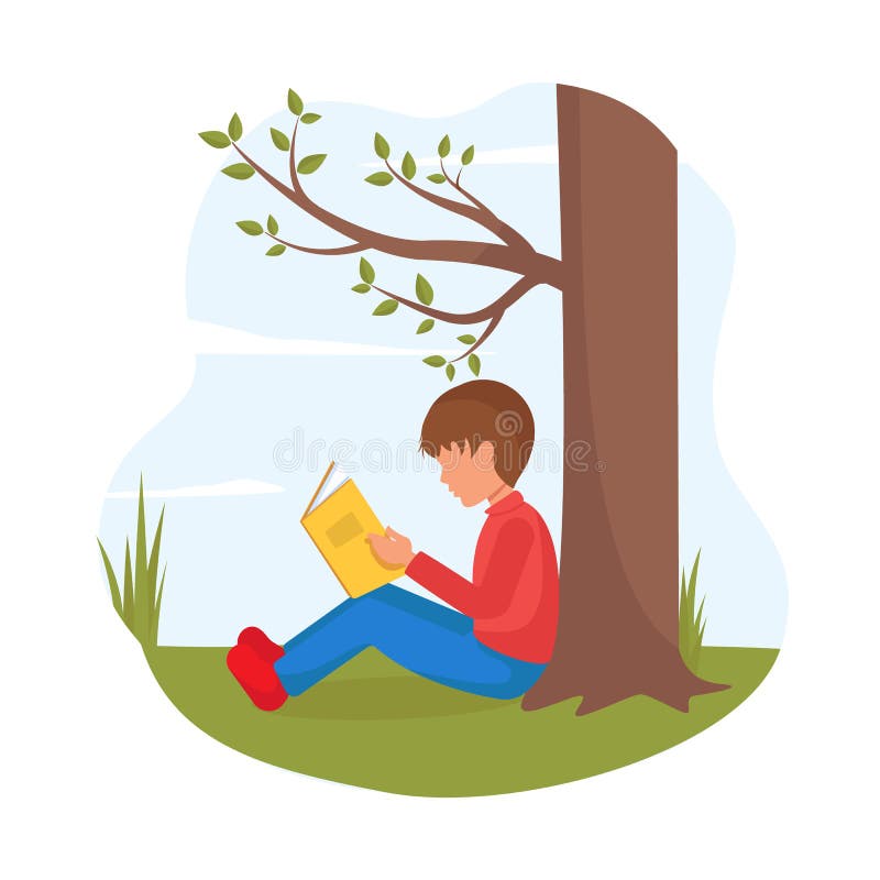 Pojken sitter under träd och läser bok royaltyfri illustrationer