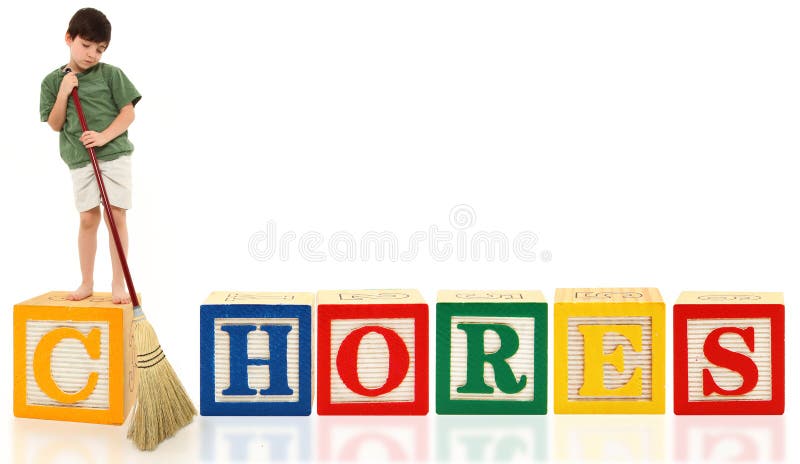 Unhappy attractive 7 year old french american boy doing chores with broom over white background. Alphabet blocks spell Chores. Unhappy attractive 7 year old french american boy doing chores with broom over white background. Alphabet blocks spell Chores.