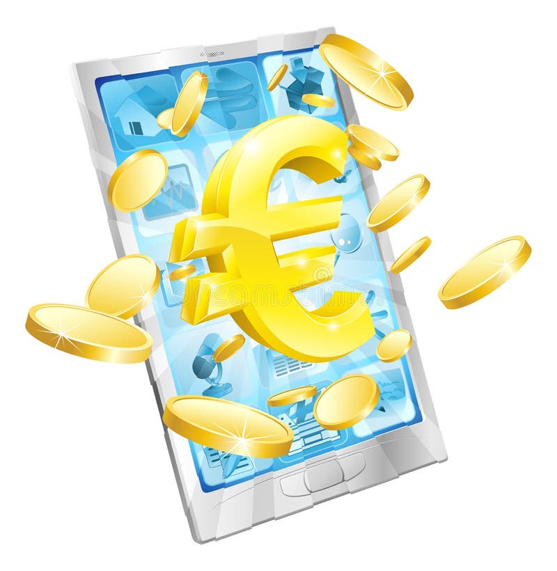 Euro money phone concept illustration of mobile cell phone with gold Euro sign and coins. Euro money phone concept illustration of mobile cell phone with gold Euro sign and coins