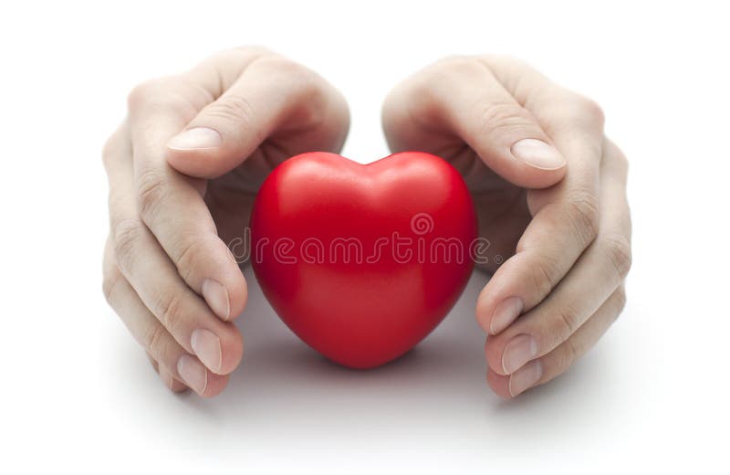 Hands covering small red heart on white background. Hands covering small red heart on white background