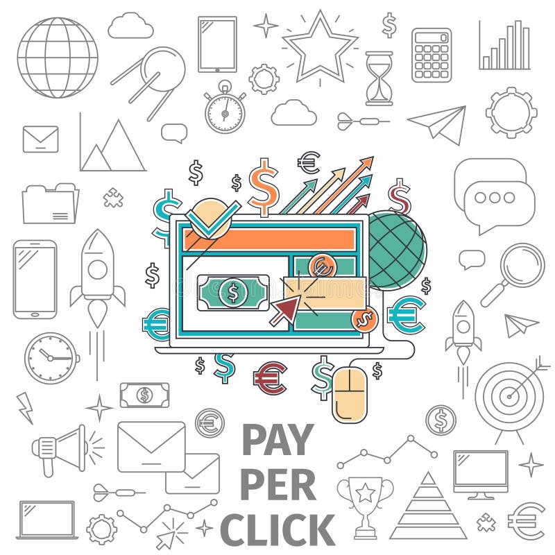 Pay per click concept. Business internet concept. Flat line art digital vector illustration. Pay per click concept. Business internet concept. Flat line art digital vector illustration.