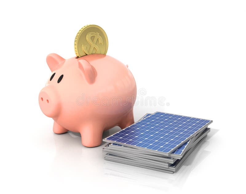 Concept of saving money if using solar energy. Solar panels near moneybox in the form of pig. Concept of saving money if using solar energy. Solar panels near moneybox in the form of pig.