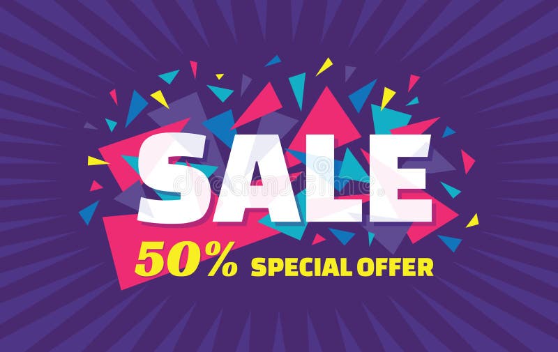 Pojęcie wektorowy sztandar 50% sprzedaż - specjalna oferta - Sprzedaż sztandar z abstrakcjonistycznymi trójboków elementami tło a royalty ilustracja Pojęcie wektorowy sztandar 50% sprzedaż - specjalna oferta - Sprzedaż sztandar z abstrakcjonistycznymi trójboków elementami tło a royalty ilustracja