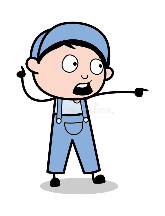 Pokazywać Wskazywać palec - Retro Repairman kreskówki pracownika wektoru ilustracja royalty ilustracja Pokazywać Wskazywać palec - Retro Repairman kreskówki pracownika wektoru ilustracja royalty ilustracja