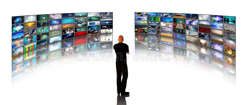 Man viewing large video displays. Man viewing large video displays