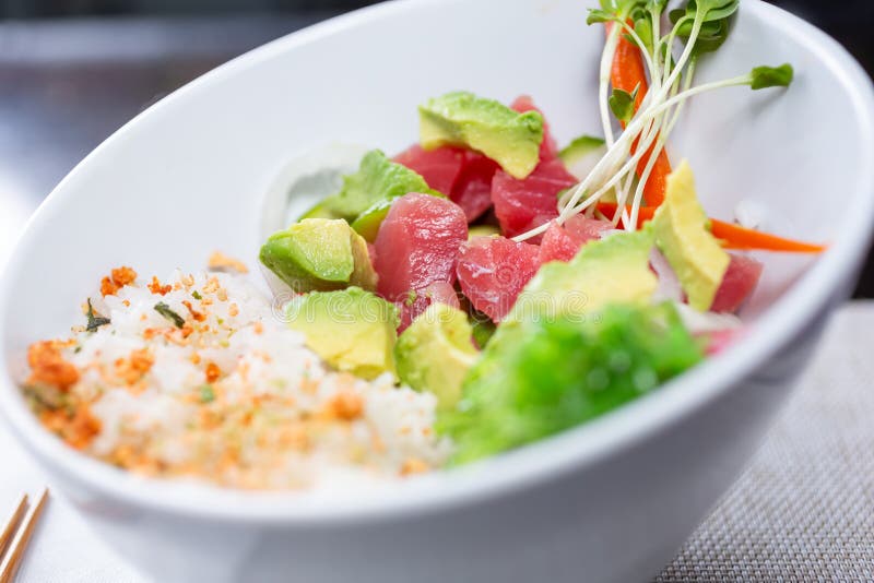 Poke bowl in cool bowl stock photo. Image of restaurant 192744790