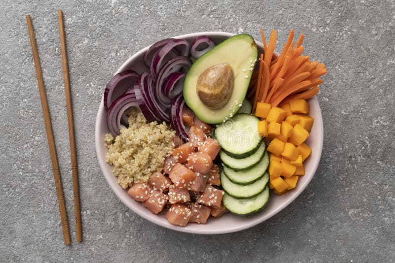 Poke Bowl from Quinoa with Salmon and Vegetables, Healthy Lunch Stock ...