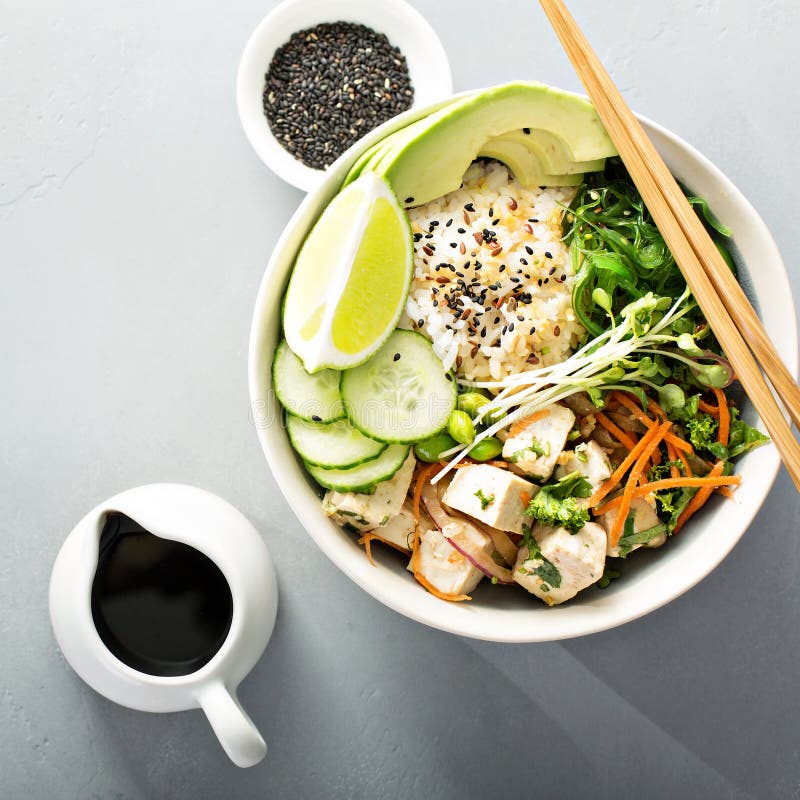 Poke Bowl with Silken Tofu, Rice and Vegetables Stock Image - Image of
