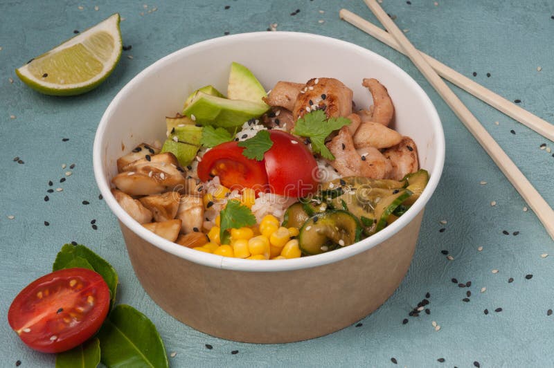 Poke with chicken vegetables and mushrooms royalty free stock photos