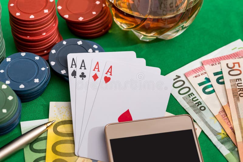 Poker Chips with Playing Card, Euro and Smartphone Stock Photo Image