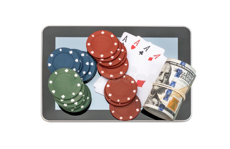 Poker Chips with Playing Cards and Money on Tablet PC. Isolated on