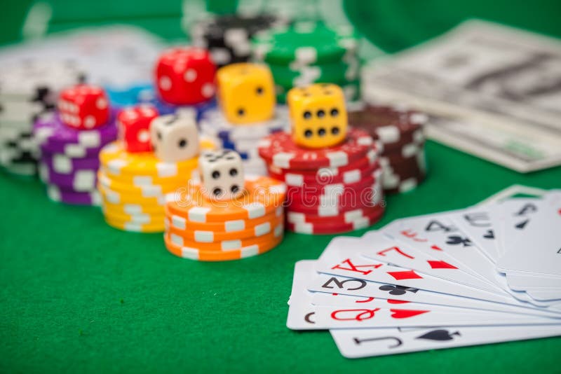 Poker Chips on Table in Casino. Cards on Green Felt Casino Table Stock Photo Image of green