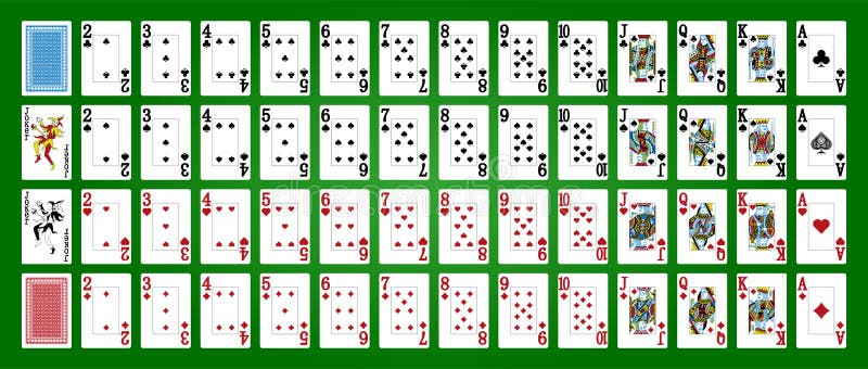 Poker eingestellt mit isolierten Karten auf grünem Hintergrund. volle Plattform der Spielkarten des Schürhakens
