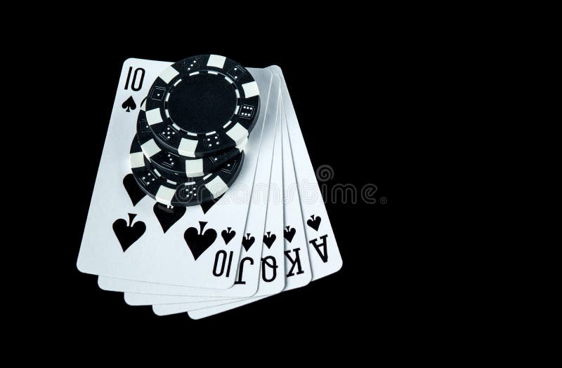Poker Game with Royal Flush Combination. Chips and Cards on the Black