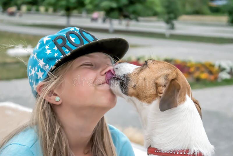 POKROV UKRAINA - AUGUSTI 15, 2017: En liten lycklig hund Jack Russel Terrier som slickar en flickas framsida på sommar, parkerar arkivbild POKROV UKRAINA - AUGUSTI 15, 2017: En liten lycklig hund Jack Russel Terrier som slickar en flickas framsida på sommar, parkerar arkivbild