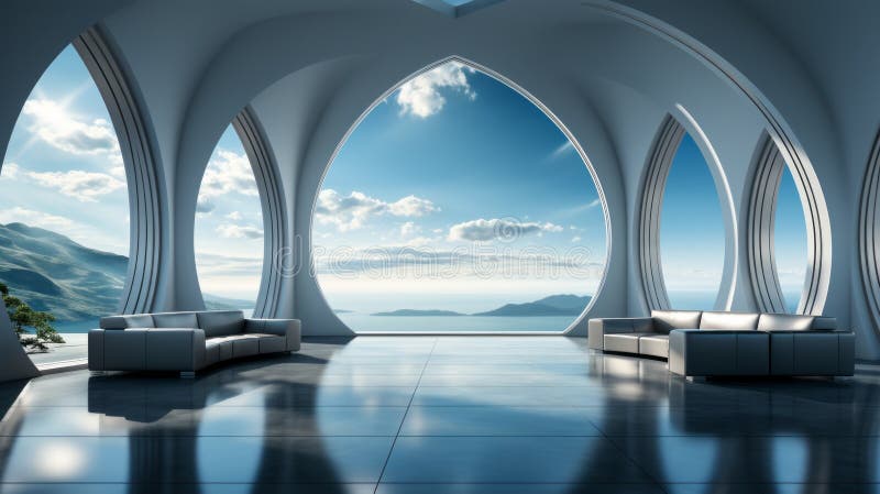 Pokój z dużym oknem i widokiem na ocean royalty ilustracja