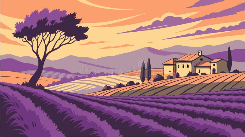 Pola lawendowe i willa Provence krajobraz i francuski wektor krajobrazowy Generative AI royalty ilustracja
