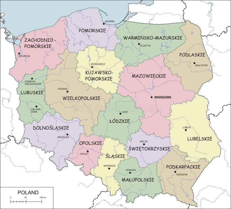 Contour map of Poland with voivodeships, rivers and lakes. Poland map rivers vectors