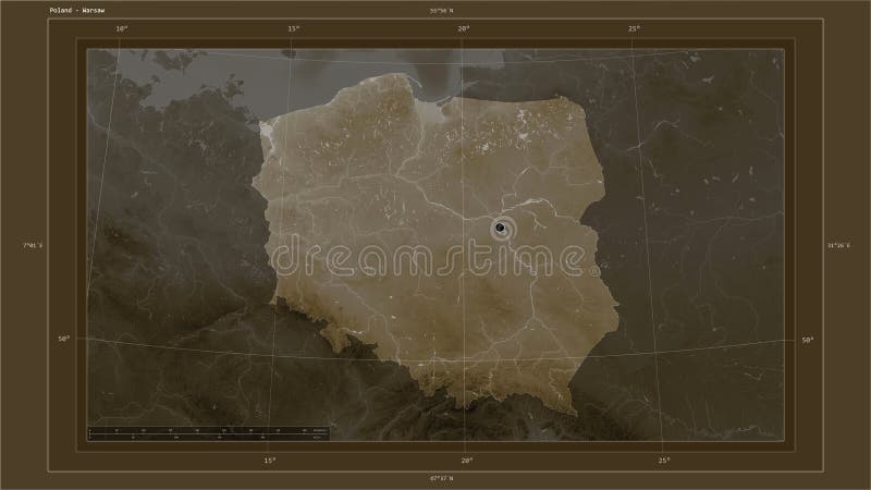 Poland highlighted on a elevation map colored in sepia tones with lakes and rivers map with the country's capital point, cartographic grid, distance scale and map border coordinates. Poland map rivers illustrations