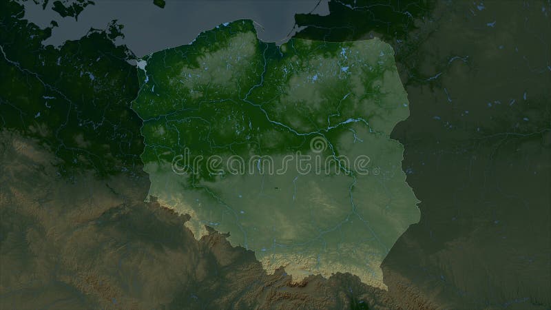 Poland highlighted on a Colored elevation map with lakes and rivers. Poland map rivers illustrations