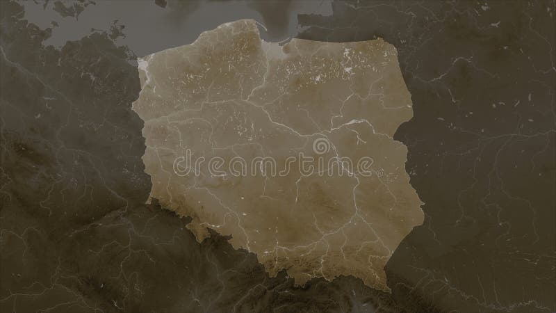 Poland highlighted on a elevation map colored in sepia tones with lakes and rivers. Poland map rivers illustrations