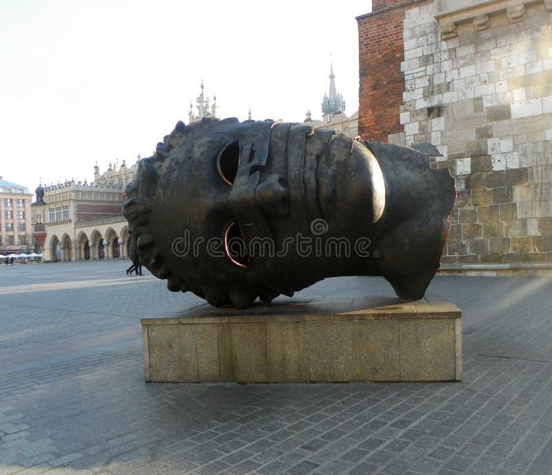 Poland, Krakow, Market Square, Giant Head Statue Editorial Stock Image