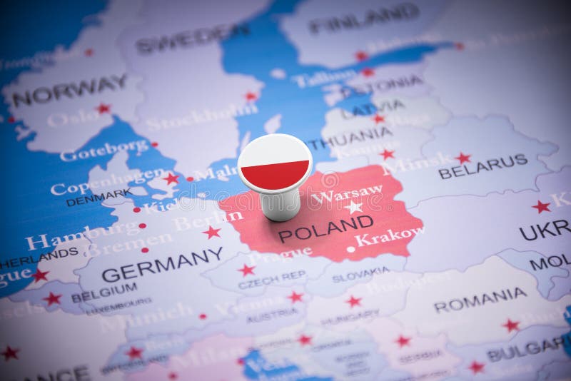Poland marked with a flag on the map royalty free stock photography