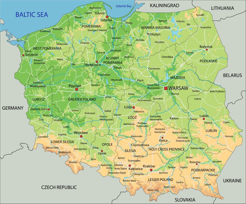 High detailed Poland physical map with labeling. Vector illustration. Poland map rivers vectors