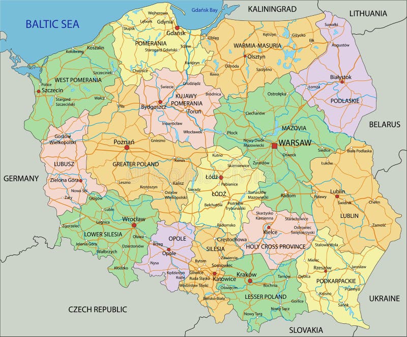 Poland - Highly detailed editable political map with labeling. Vector illustration. Poland map rivers vectors