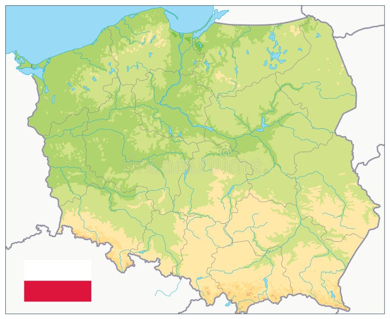 Poland Physical Map. No text. Highly detailed map vector illustration. Image contains layers with shaded contours, water objects. Poland map rivers vectors
