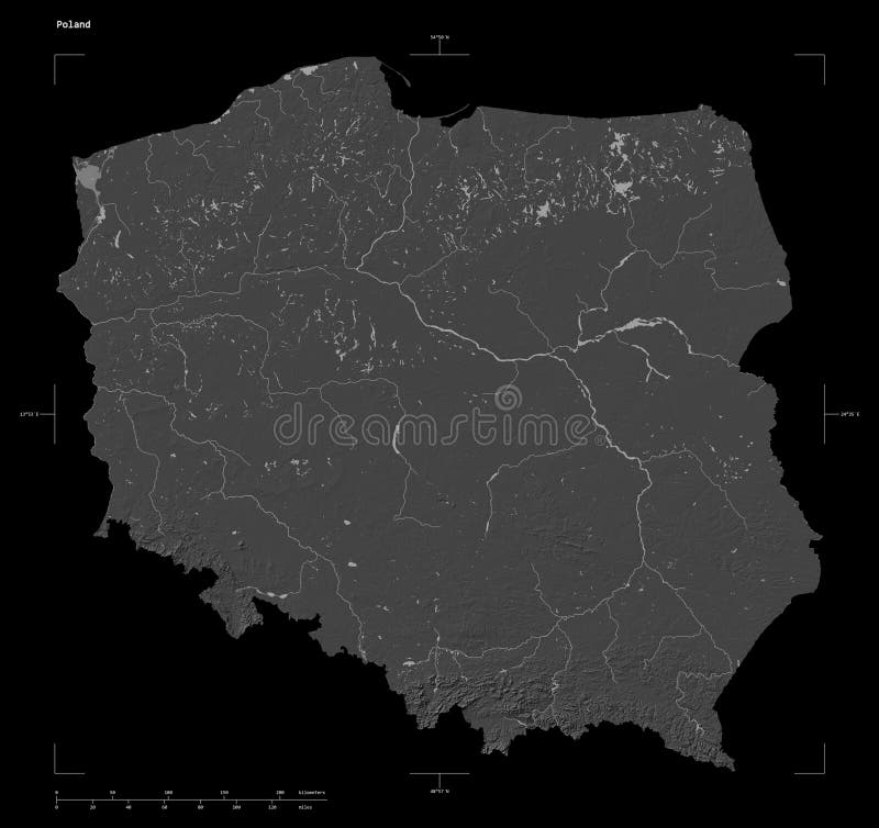 Shape of a Bilevel elevation map with lakes and rivers of the Poland, with distance scale and map border coordinates, isolated on black. Poland map rivers illustrations