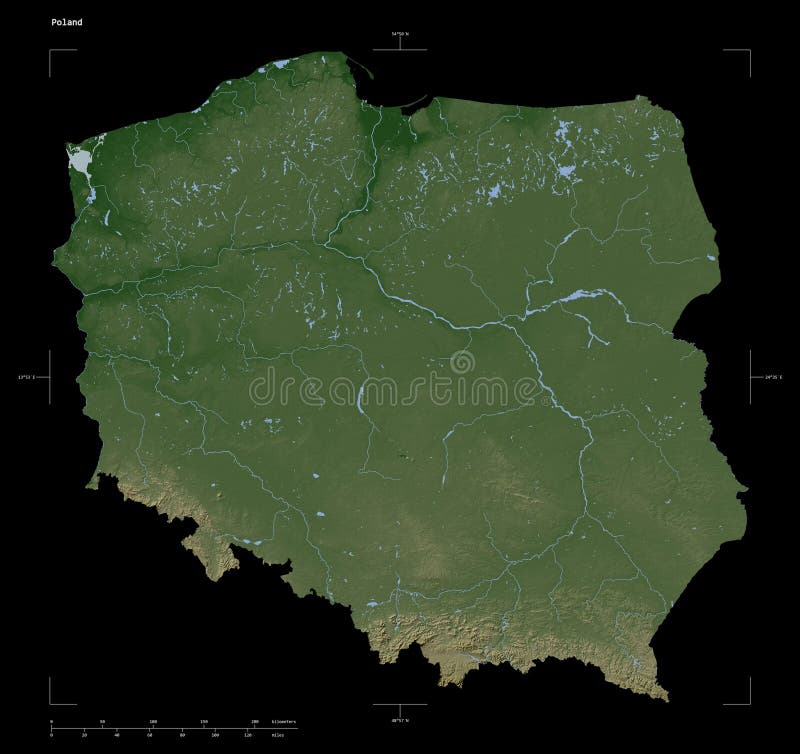 Shape of a Pale colored elevation map with lakes and rivers of the Poland, with distance scale and map border coordinates, isolated on black. Poland map rivers illustrations