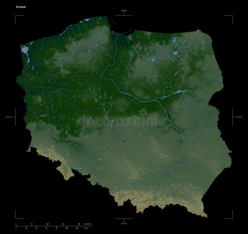 Shape of a Colored elevation map with lakes and rivers of the Poland, with distance scale and map border coordinates, isolated on black. Poland map rivers illustrations