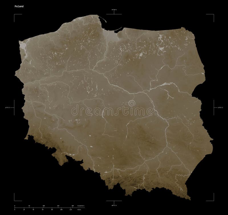 Shape of a elevation map colored in sepia tones with lakes and rivers of the Poland, with distance scale and map border coordinates, isolated on black. Poland map rivers illustrations