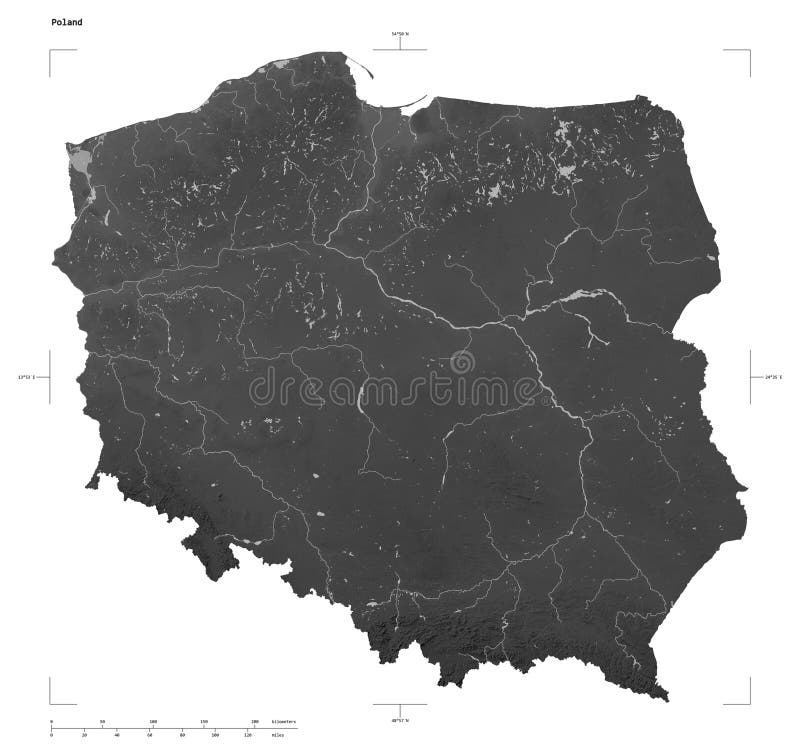 Shape of a Grayscale elevation map with lakes and rivers of the Poland, with distance scale and map border coordinates, isolated on white. Poland map rivers illustrations