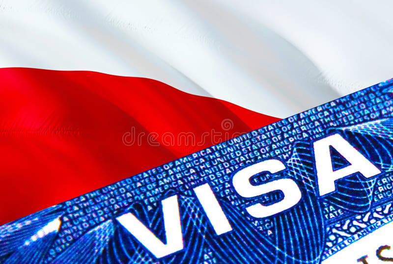 Poland visa document close up. Passport visa on Poland flag. Poland visitor visa in passport,3D rendering. Poland multi entrance vector illustration