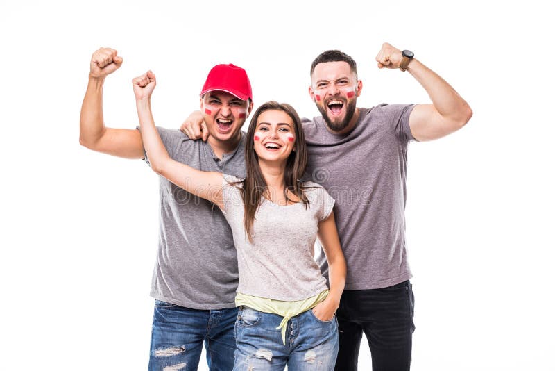 Poland win. Group of football fans support Poland national team on white background. Football fans concept.