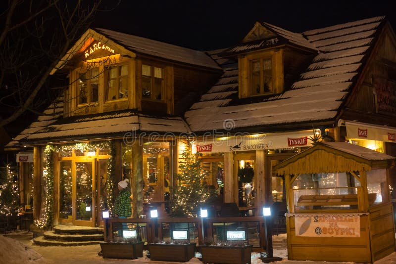 POLAND, ZAKOPANE - JANUARY 03, 2015: Traditional Wooden Restaurant On