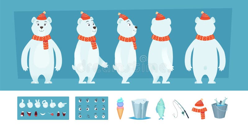 Polar bear animation. White wild animal body parts and different faces vector character creation kit