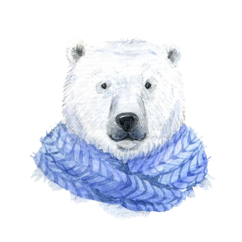 Beautiful waterclor polar bear in a blue scarf