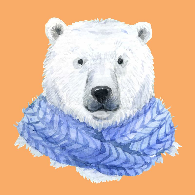 Beautiful waterclor polar bear in a blue scarf