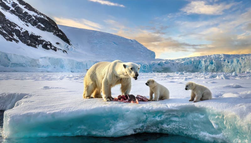 Polar Bear Eats Fish on the Snowy Surface. Generated with AI Stock