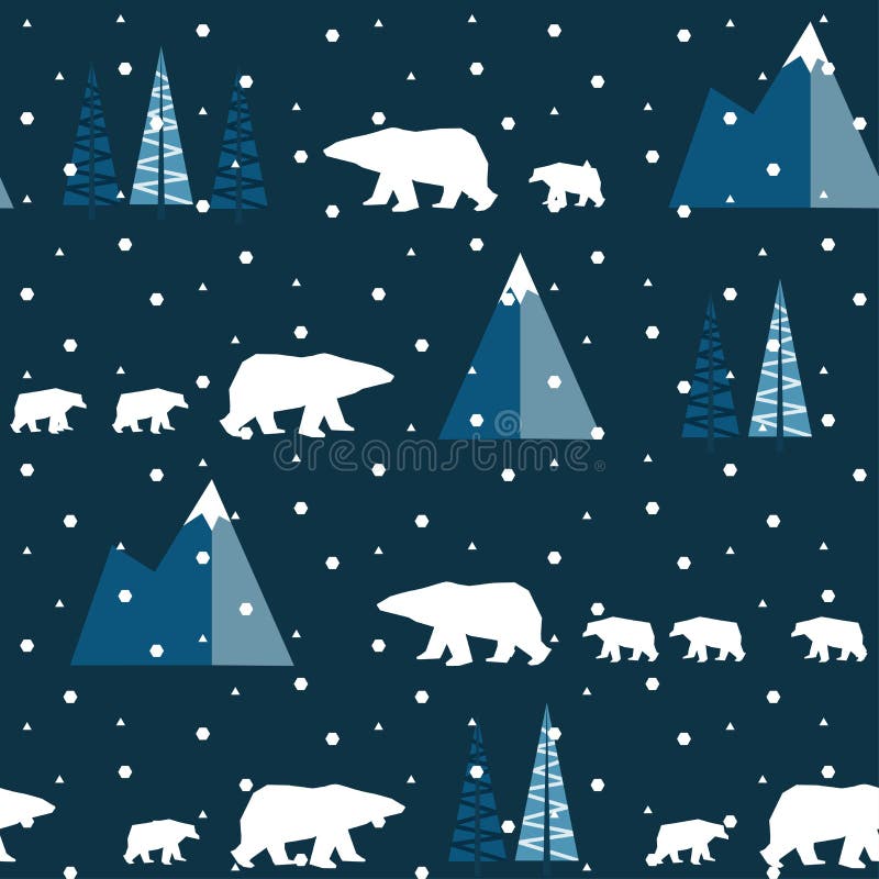 POLAR BEAR IN MOUNTAIN WINTER LANDSCAPE. FLAT POLYGON DESIGN. SEAMLESS VECTOR PATTERN