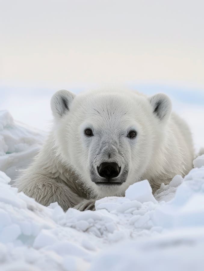 A Polar Bear Peers Curiously at the Camera, Nestled in the Frosty ...