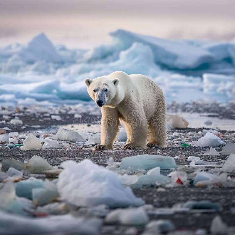 Polar Bear Surrounded by Ice and Garbage, Environmental Pollution. AIgenerated Stock